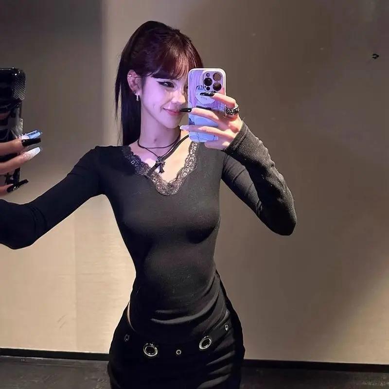 Seeslim noir Sexy dos évider femmes T-shirt Goth à manches longues mince 2000s vêtements Y2k t-shirt