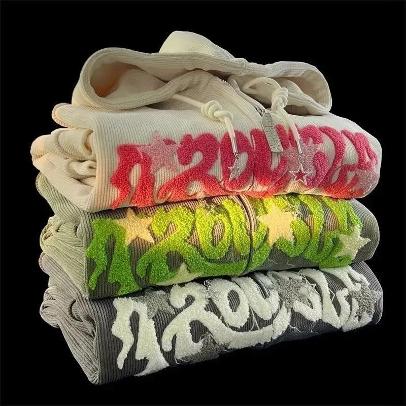 Sweat-shirt à capuche brodé avec fermeture éclair pour femme, haut à manches longues, ample, chemise