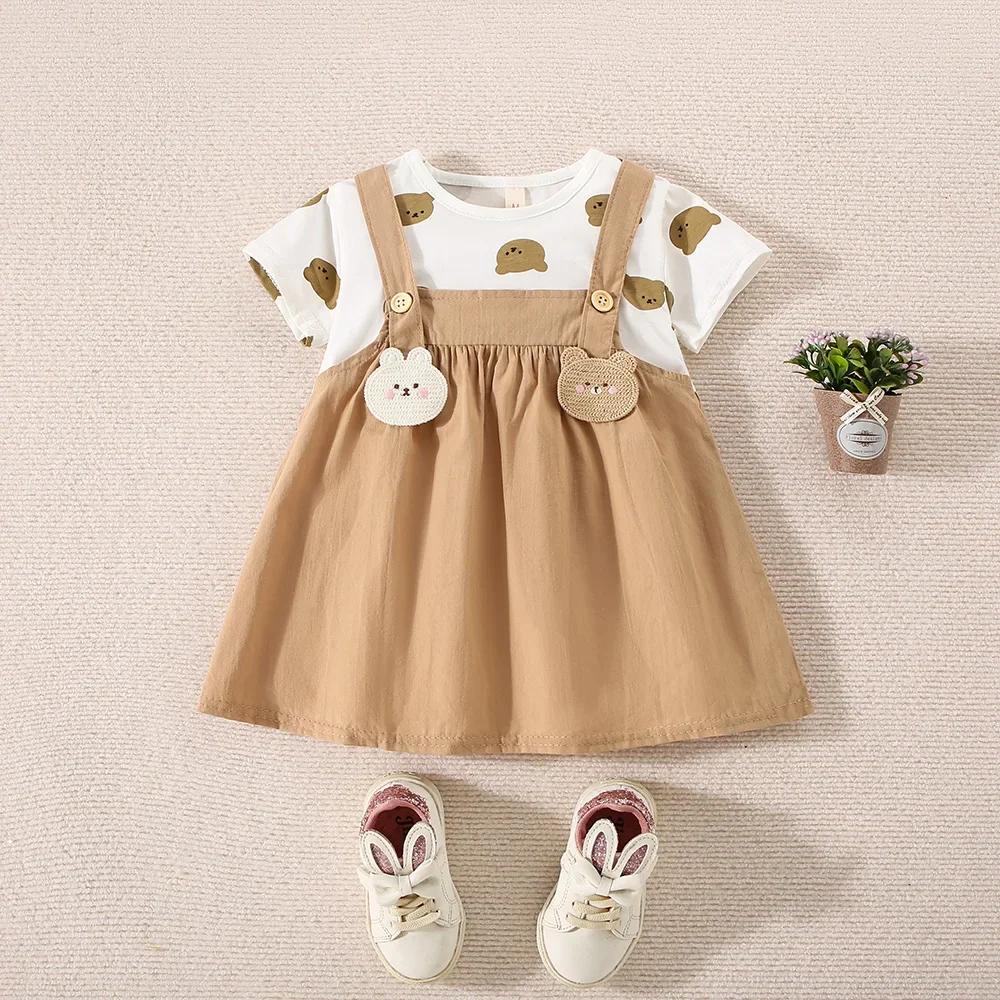 Robe d'été en coton pour petites filles, imprimé ours en peluche, manches courtes, fausse robe à bre