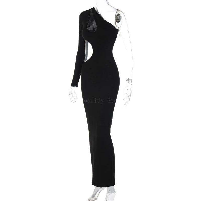 Robe longue sexy à épaules dénudées avec ourlet irrégulier, design évidé, devant rond, document soli