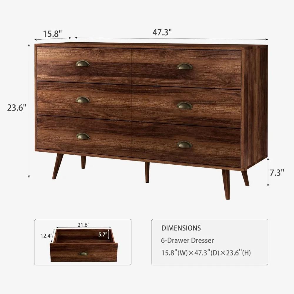Commode en noyer brun pour chambre à coucher, commode à 6 tiroirs avec larges tiroirs et boutons en