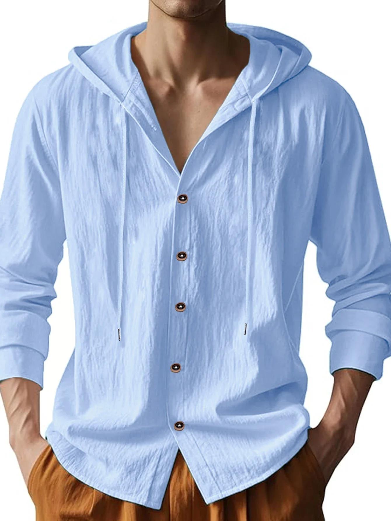 Été offre spéciale plage Style chemises hommes à manches longues avec capuche coton lin couleur unie