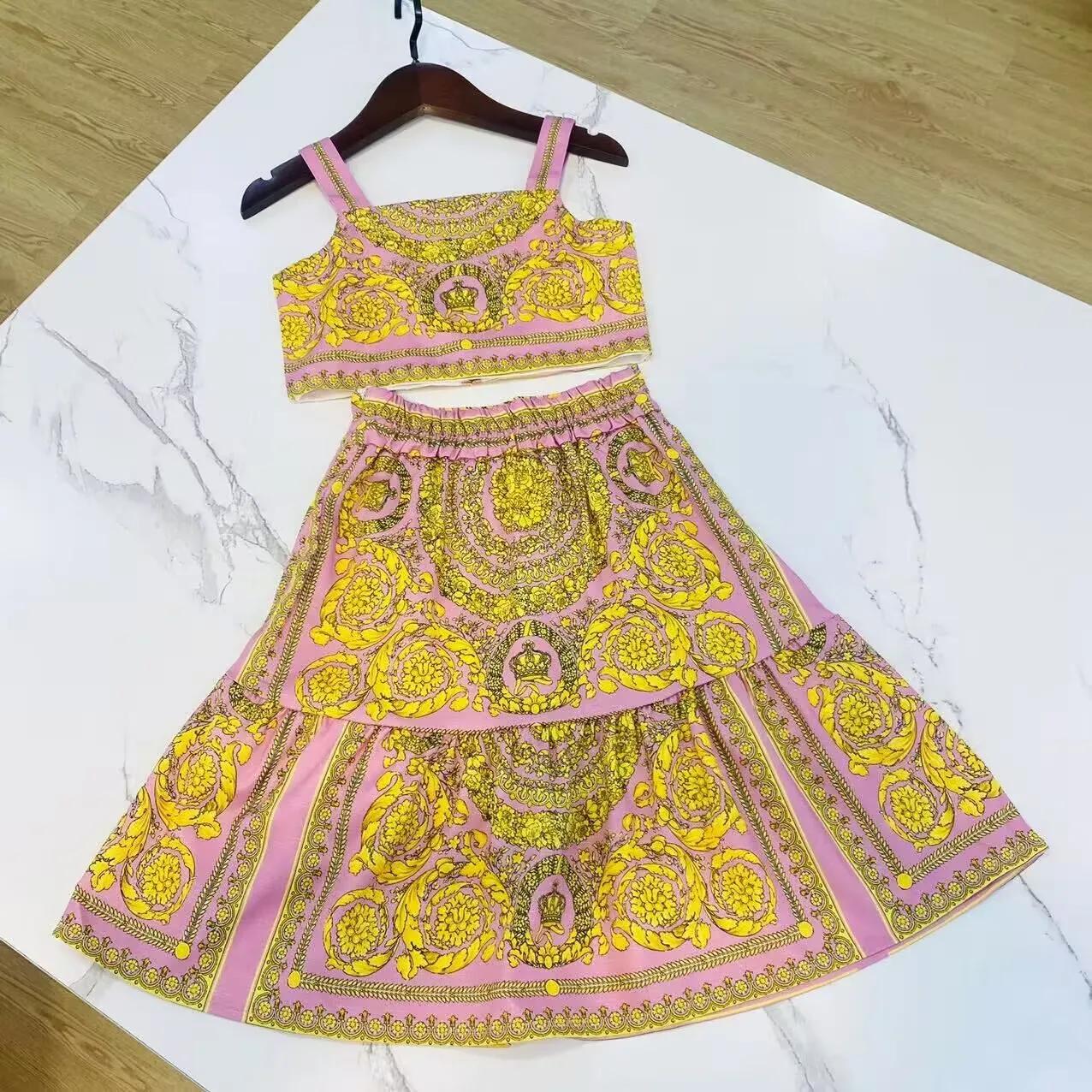 Ensemble de vêtements haut de gamme pour filles, rose, fleur jaune, coton, petite sangle, grande jup
