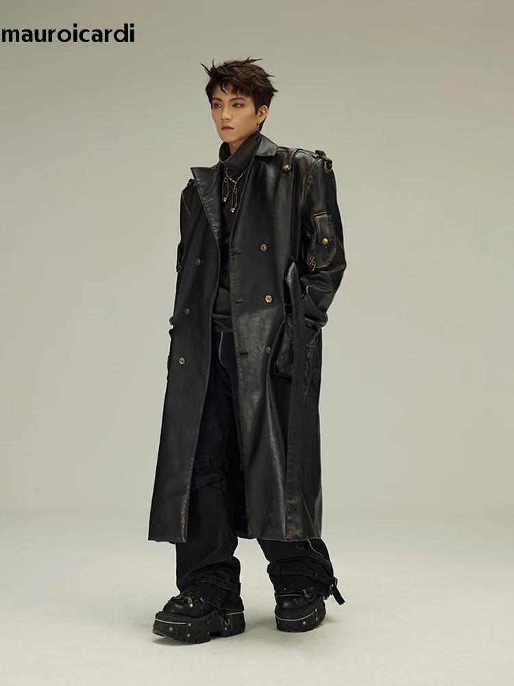 Mauroicardi-Manteau Long en Cuir Pu Noir pour Homme, Ceinture Double Boutonnage, Luxe, Mode Européen