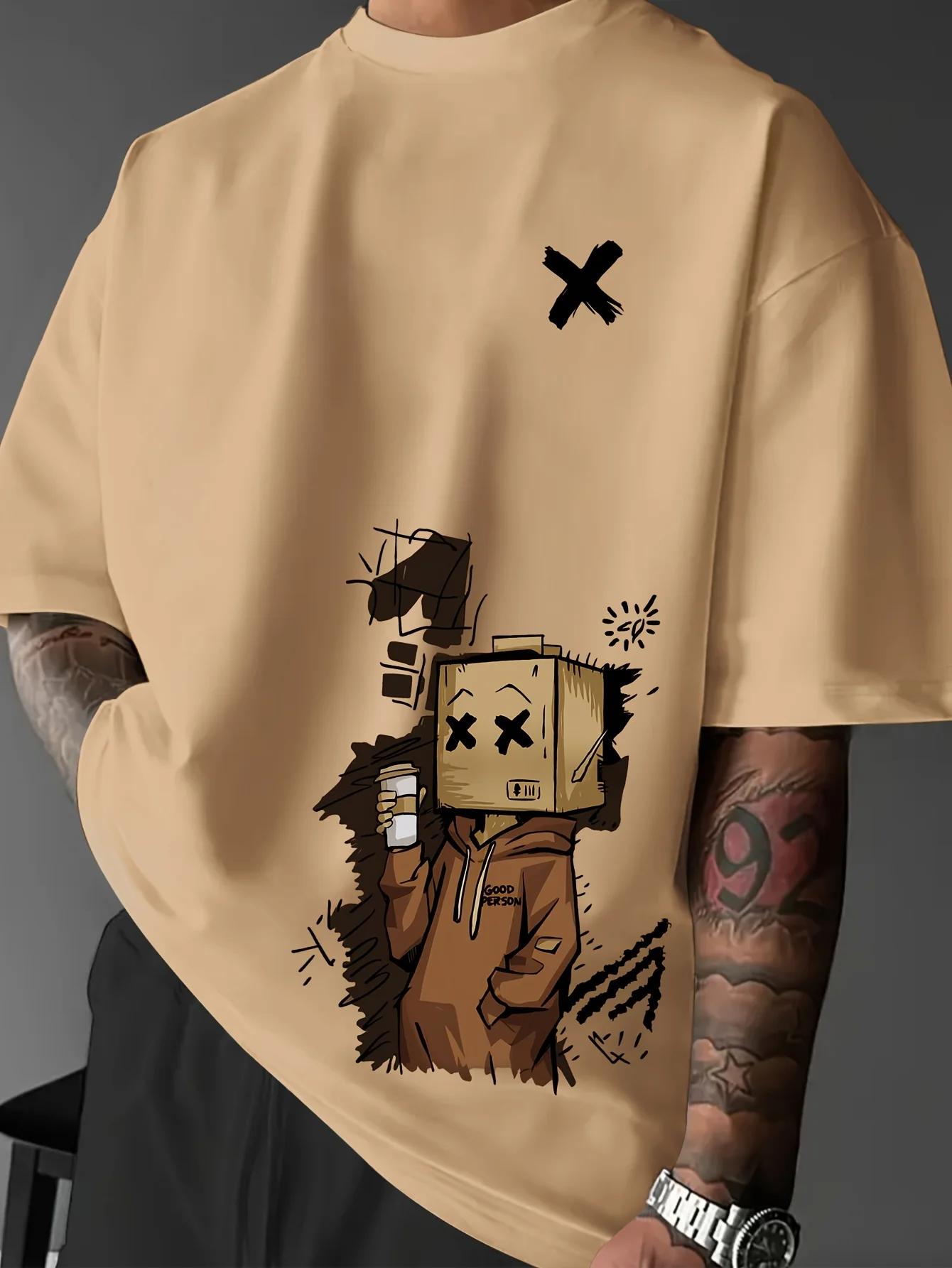 T-shirt col rond pour hommes, mode européenne et américaine, imprimé Graffiti de dessin animé, confo