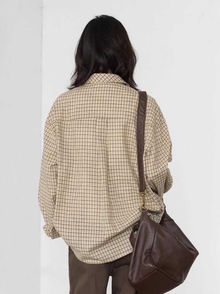 CHIC VEN femmes chemise ample décontracté simple boutonnage nouveau rétro contraste Plaid brodé Blou