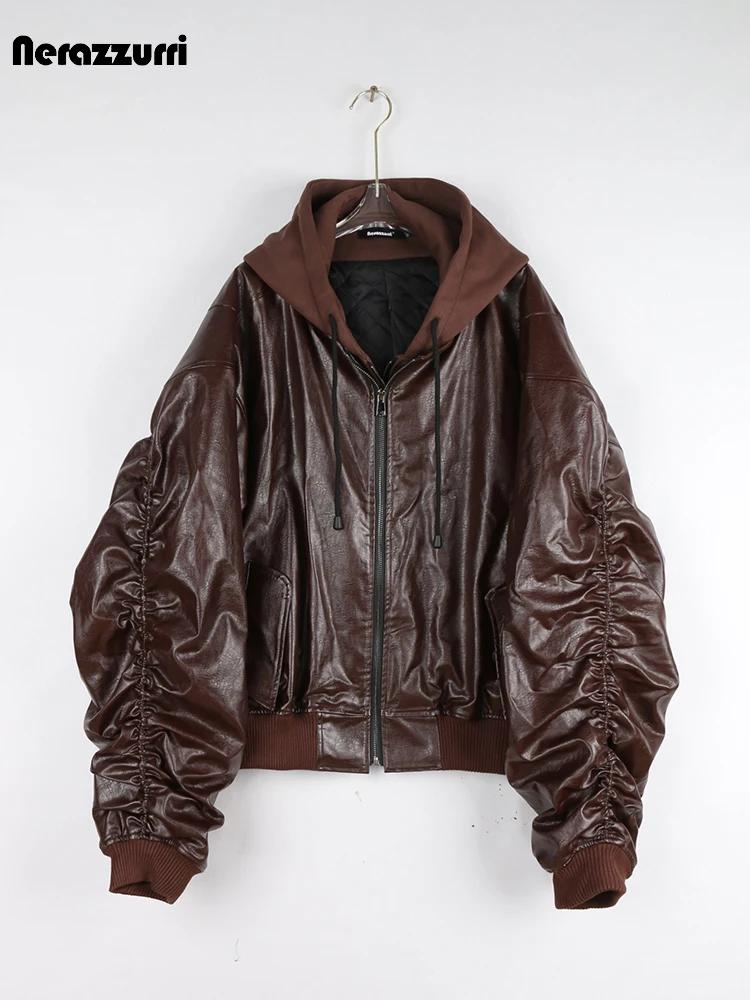 Nerazzurri Blouson en Cuir Chaud et Épais pour Homme, Vêtement Européen Cool, Beau, Respiré, Marron,