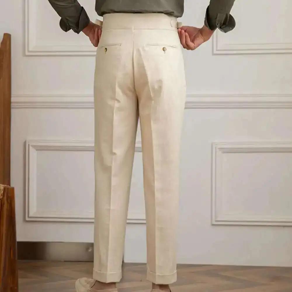 Pantalon en lin et coton taille haute pour homme, pantalon droit décontracté, pantalon plissé pour g