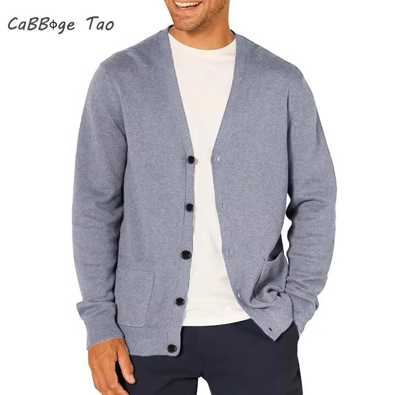Cardigan à manches longues pour hommes, pull en laine tricoté, vêtements de sport, col en v, boutons
