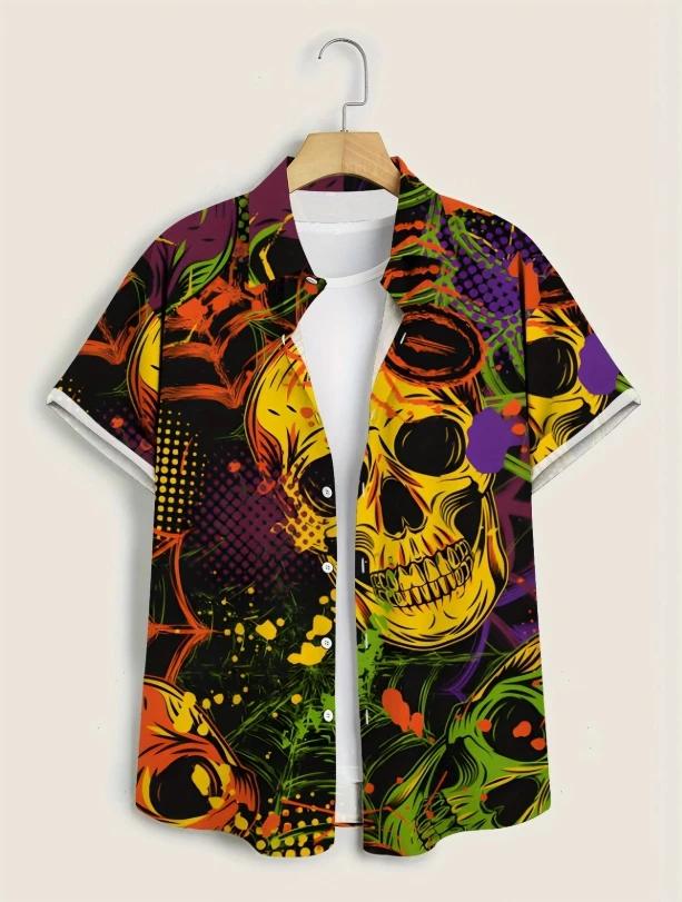 Chemise hawaïenne à manches courtes pour hommes, motif tête de mort, vacances, décontractée, quotidi