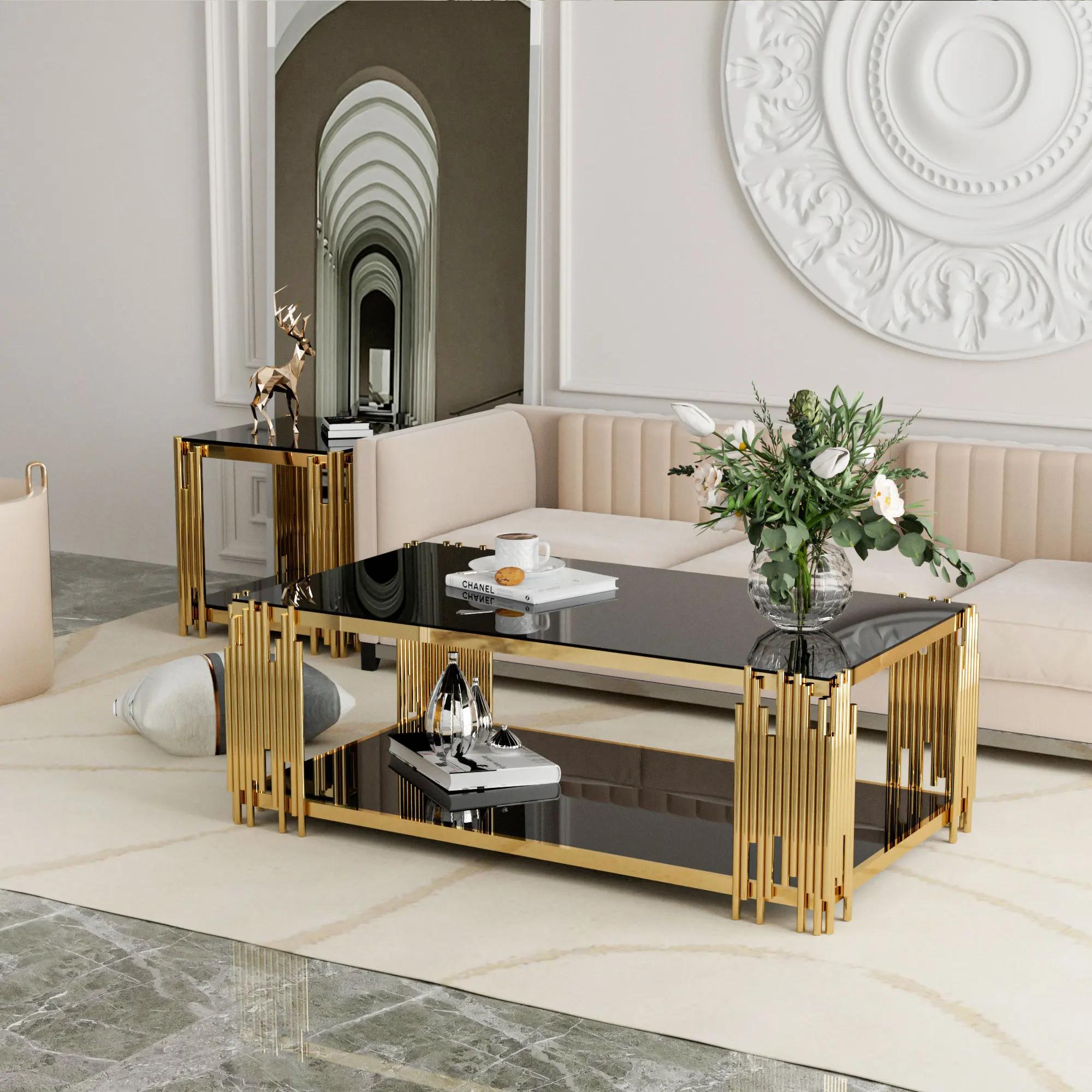 Table basse rectangulaire en verre pour salon, acier inoxydable, table centrale moderne, verre noir