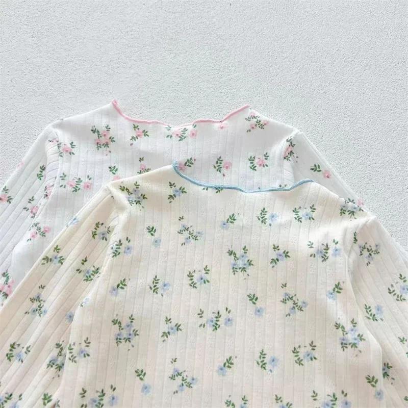  Nouveauté bébé filles imprimé fleuri coton pyjama ensemble à manches longues dentelle garniture de