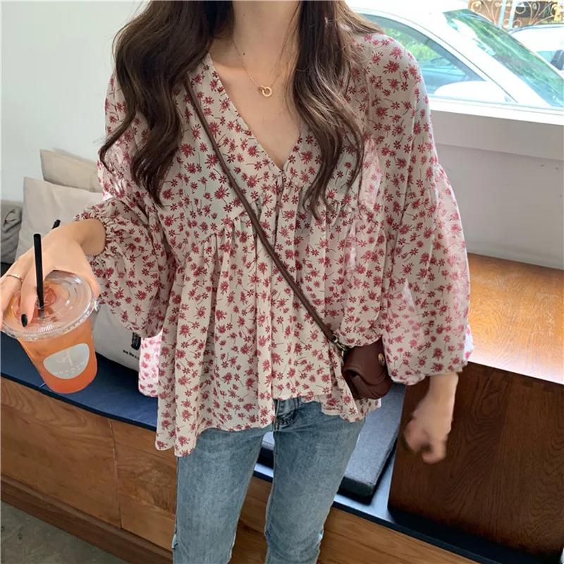 Col en v en mousseline de soie chemise femmes doux hauts Blouse 2025 printemps coréen imprimé fleuri