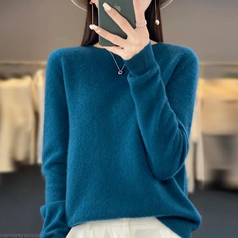 Pull tricoté en laine mérinos Pure pour femme, pull à col rond, sans couture, en cachemire, vêtement