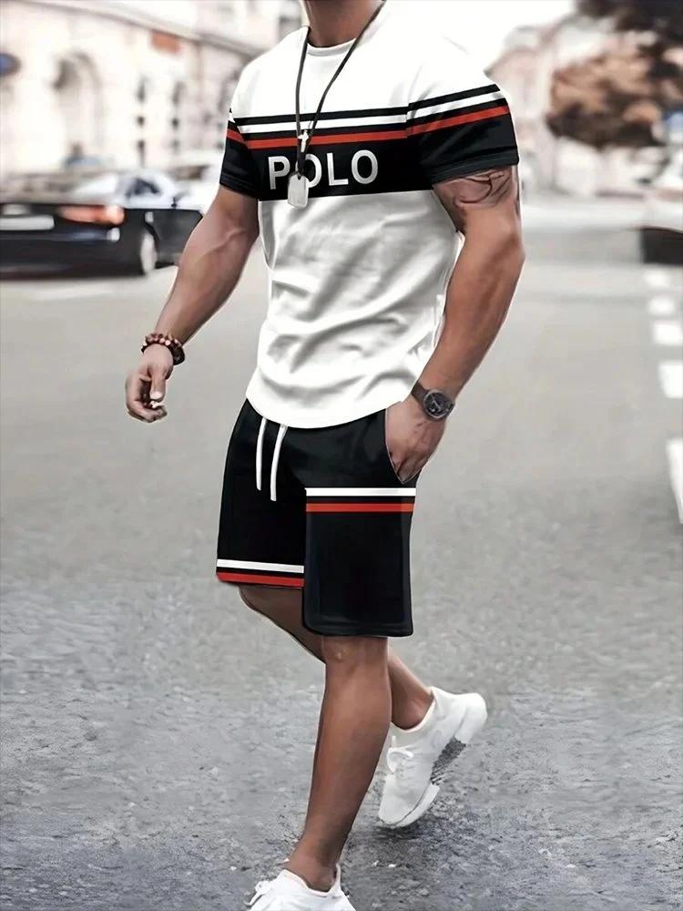 Ensemble T-shirt et short à col rond pour hommes, ensemble deux pièces décontracté avec lettres rayé
