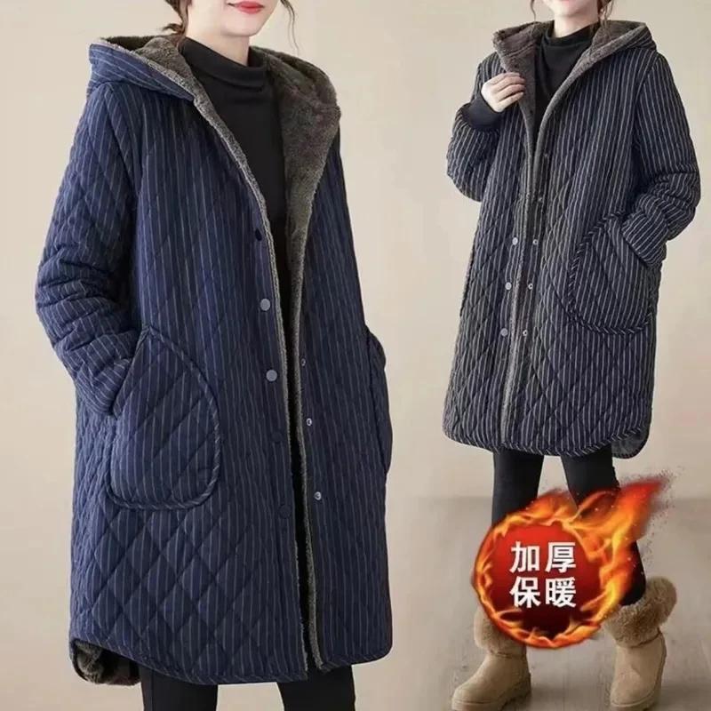 2025 automne hiver nouvelle veste en coton rayé femmes chaud en peluche épaissir manteau à capuche m