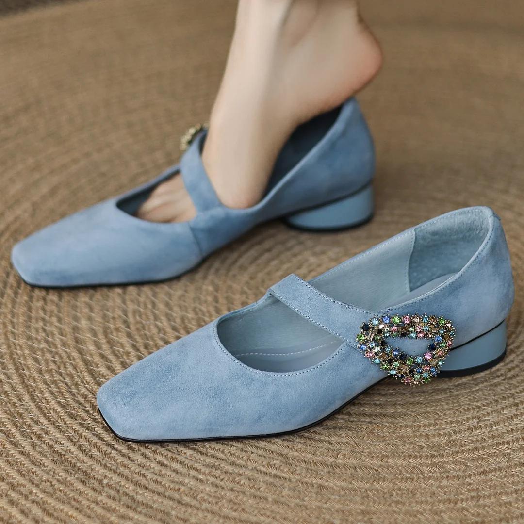 Escarpins Mary Jane à enfiler en cuir suédé naturel pour femmes, boucle en cristal, bout carré, talo