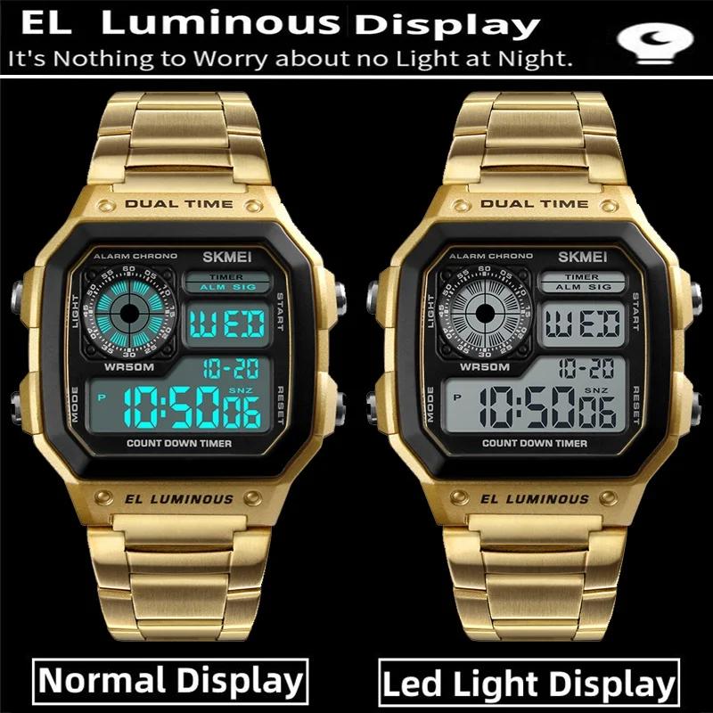 Skmei-Montre-bracelet de sport numérique pour homme, bracelet en acier inoxydable, chronographe LED,