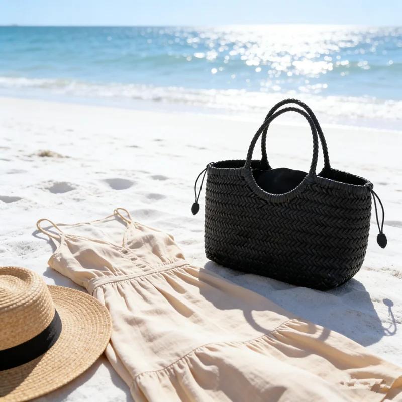 Sacs à main en cuir véritable pour femmes, sac à provisions décontracté tissé de luxe, panier vintag