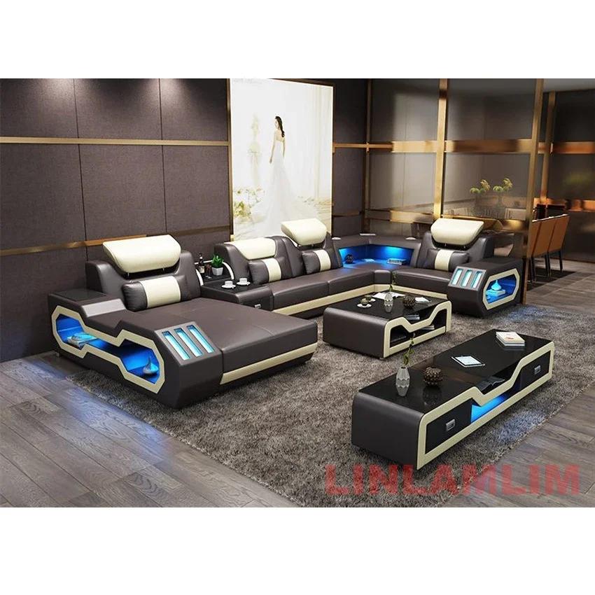 Ensemble de canapé moderne éclairé par LED avec fauteuil inclinable, appui-tête et console réglables