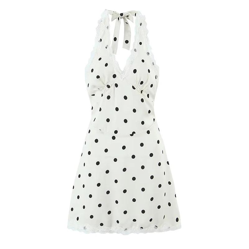 YENKYE dentelle épissé à pois Robe licou femmes élégant a-ligne Mini Sexy dos nu robes Robe d'été 20