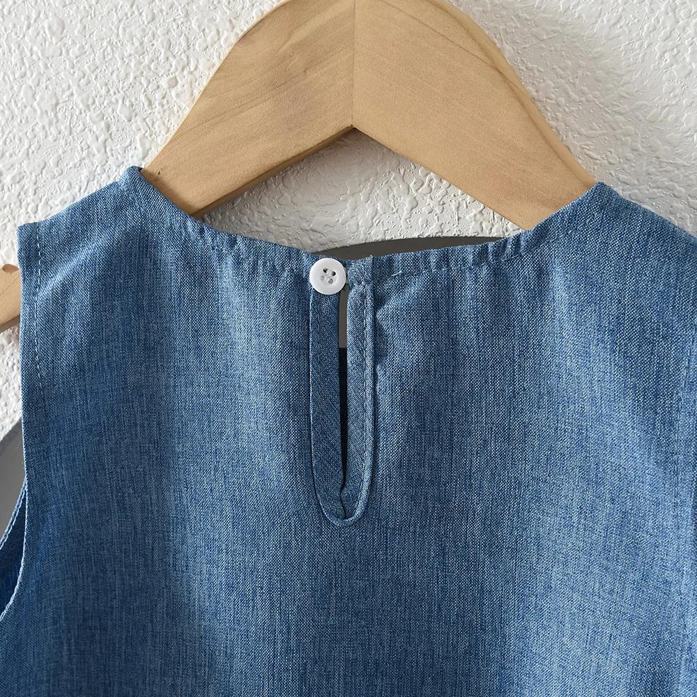 Nouvelle Robe Princesse d'Été Bleue Décontractée pour Filles, Col Rond, Sans Manches, avec Nœud et D