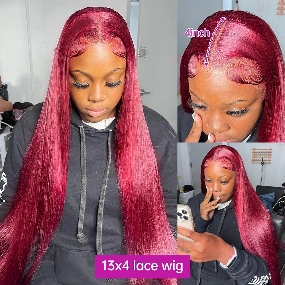 Perruque Lace Front Wig sans colle naturelle, cheveux lisses, rouge bordeaux 99J, 13x6, 13x4 HD, 30