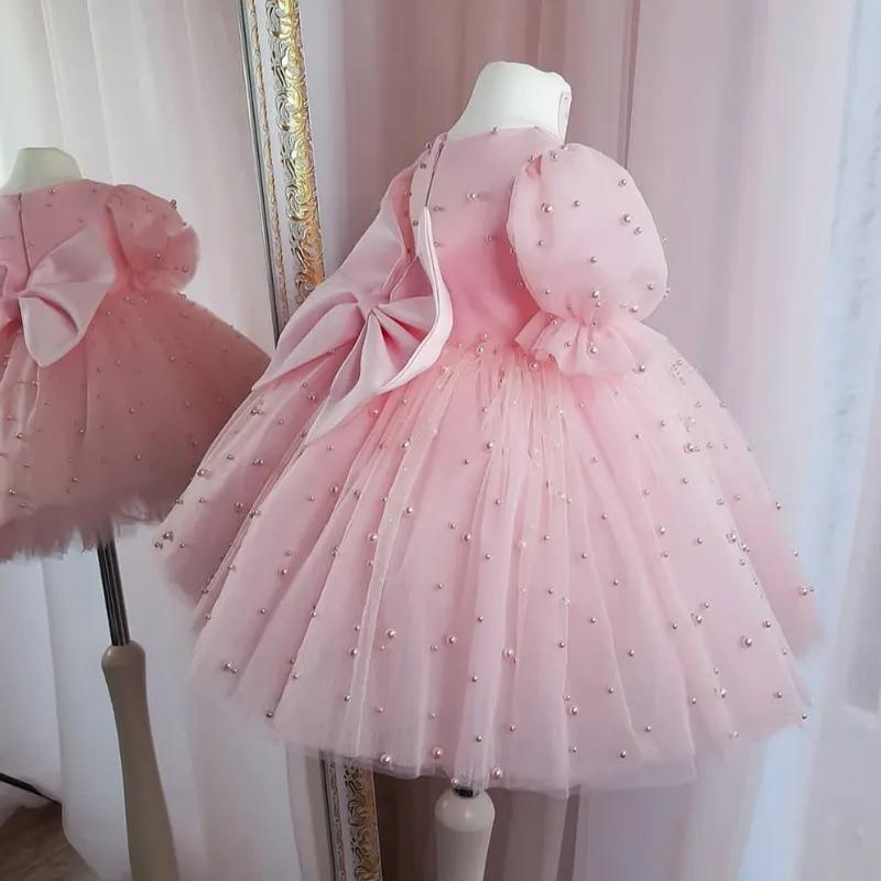 Robe de princesse tutu perlée pour bébé fille, manches bouffantes, nœud en tulle, vêtements de fête
