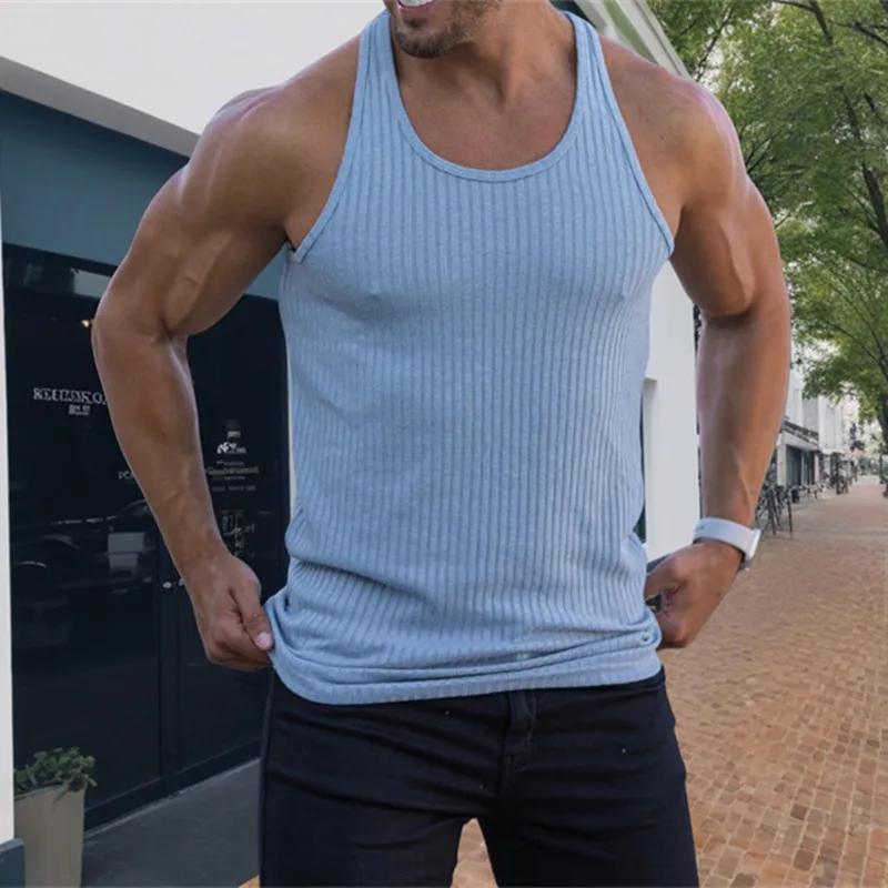 Débardeur de gymnastique à rayures amples pour hommes, col rond, Fitness, pull sans manches, maillot