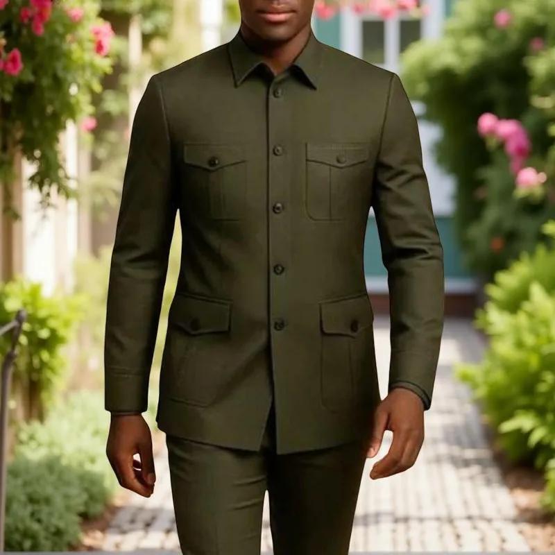 Costumes décontractés pour hommes Safari avec poches, col montant, style de mode chinois, coupe ajus