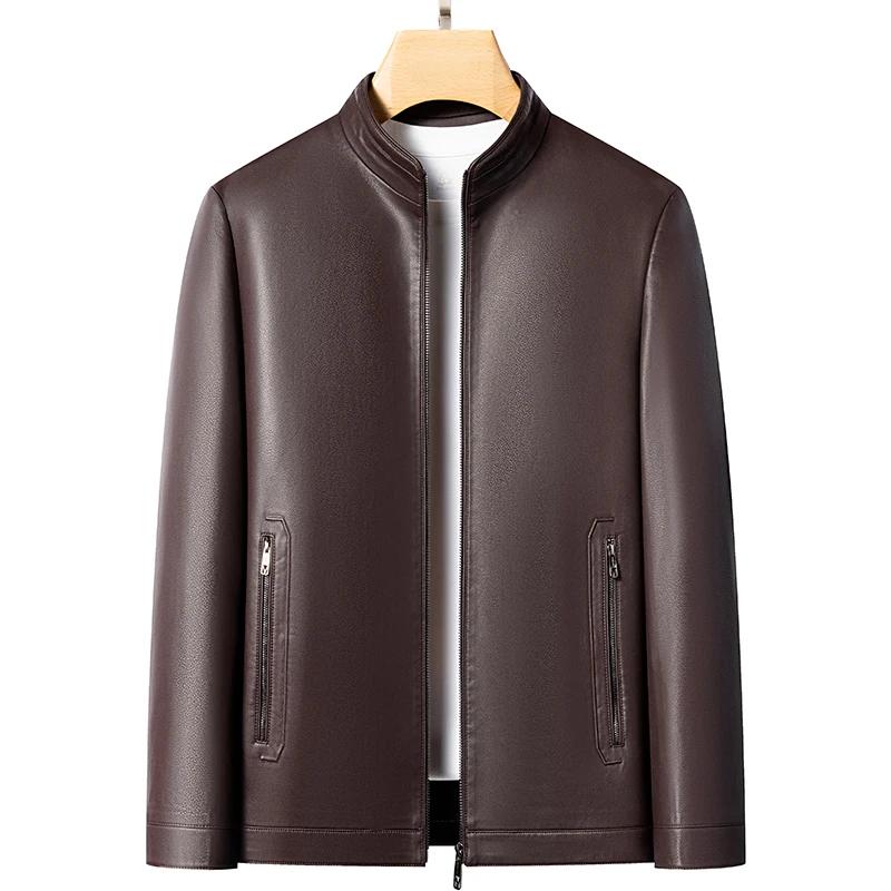 Veste en cuir véritable pour hommes, avec col montant, à la mode, pour jeunes, fins, printemps et au