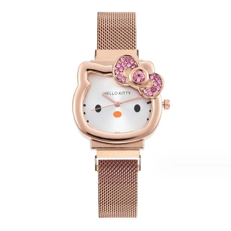 Montre à quartz tendance Sanrio Anime Hello Kitty avec nœud, montre à quartz avec petit cadran magné
