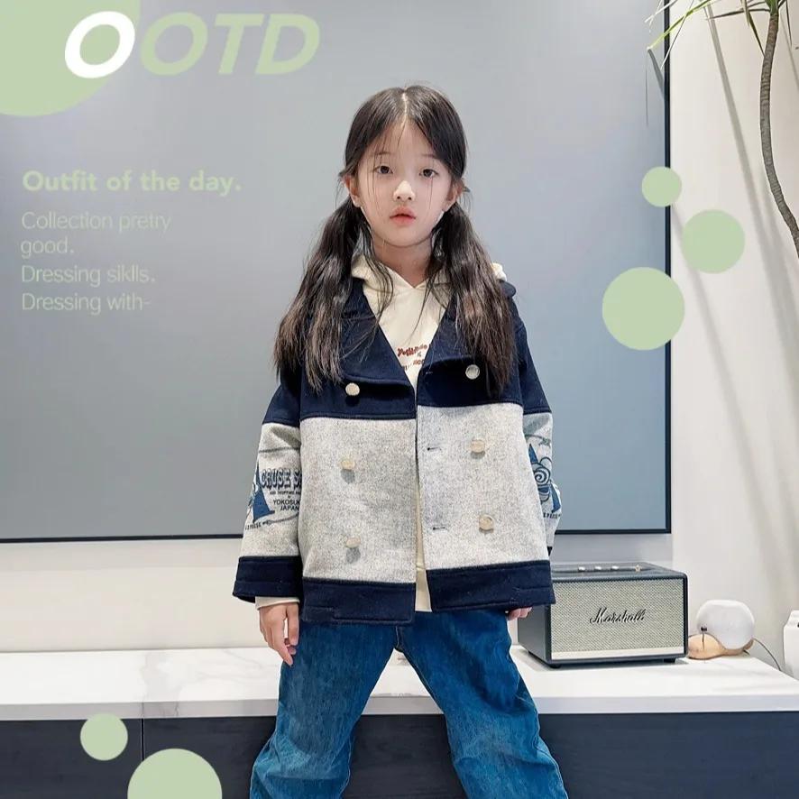 Manteau pour filles 2025 hiver nouveau gris épissage à la mode épaissi manteau de laine pour enfants