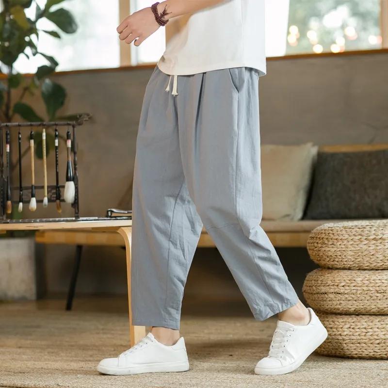 Nouveaux hommes lin léger pantalons de survêtement coton couleur unie respirant Joggers hommes Baggy