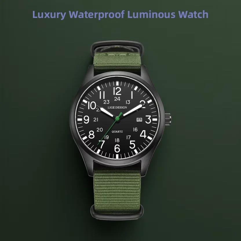 LIGE Top marque de luxe hommes montre à Quartz Date Nylon cuir étanche lumineux militaire sport mont