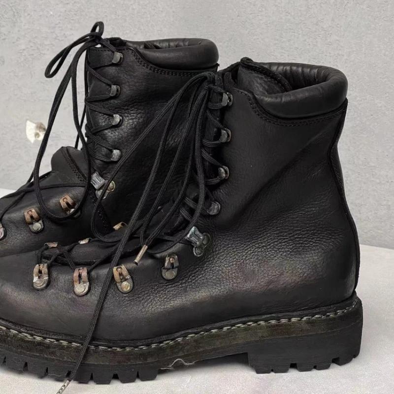 Bottes de moto en cuir véritable pour hommes, chaussures d'alpinisme à lacets en métal, bottes de ra