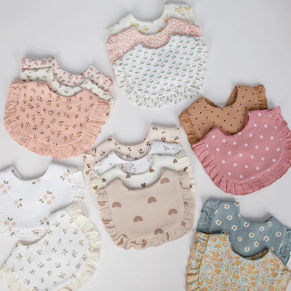 Bavoirs pour bébé imprimés de fleurs, serviette de salive réglable, bord à volants, mousseline de co