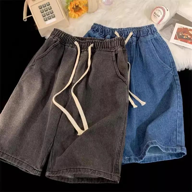 Jean noir Vintage Y2k pour hommes, pantalon large décontracté taille basse, short en jean porté, vêt