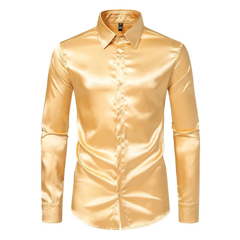 Chemises de luxe en Satin noir pour hommes, chemise de smoking lisse en soie, couleur unie, pour fêt
