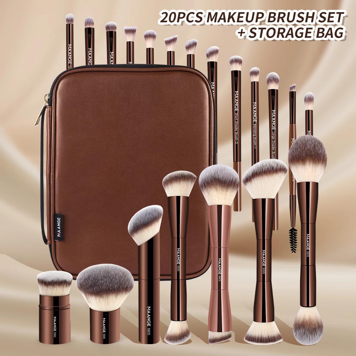 MAANGE 20 pièces pinceaux de maquillage professionnels + sac de rangement double extrémité fond de t