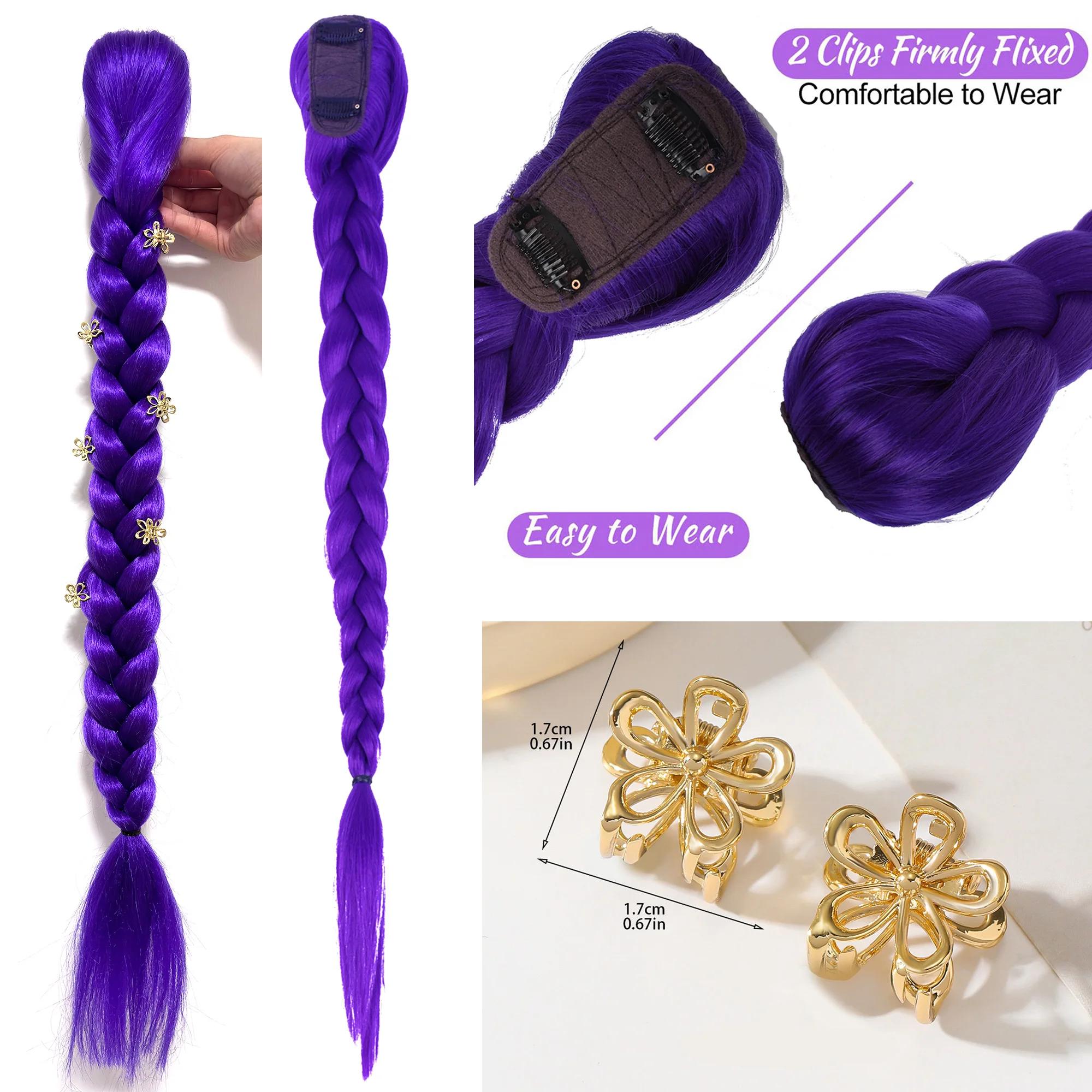 Extension de cheveux synthétiques longue queue de cheval à clipser, tressée violette, pour cosplay,