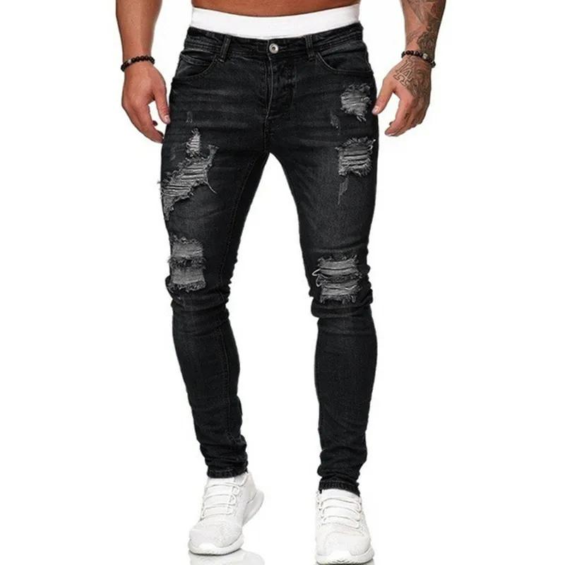 Mode Street Style déchiré Skinny Jeans hommes Vintage lavage solide Denim pantalon hommes décontract