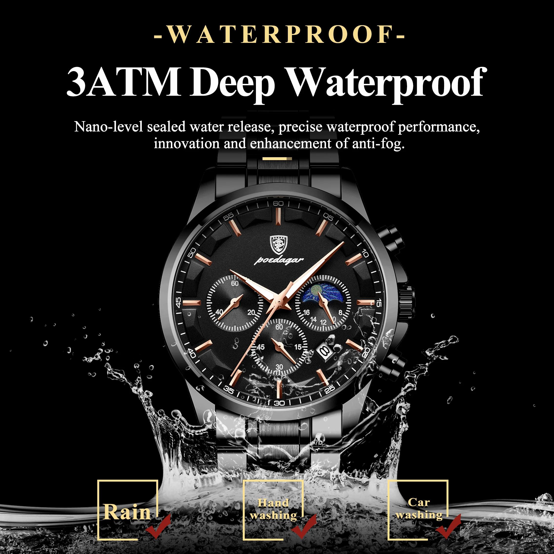 POEDAGAR Top mode hommes montres étanche lumineux en acier inoxydable hommes montre-bracelet chronog