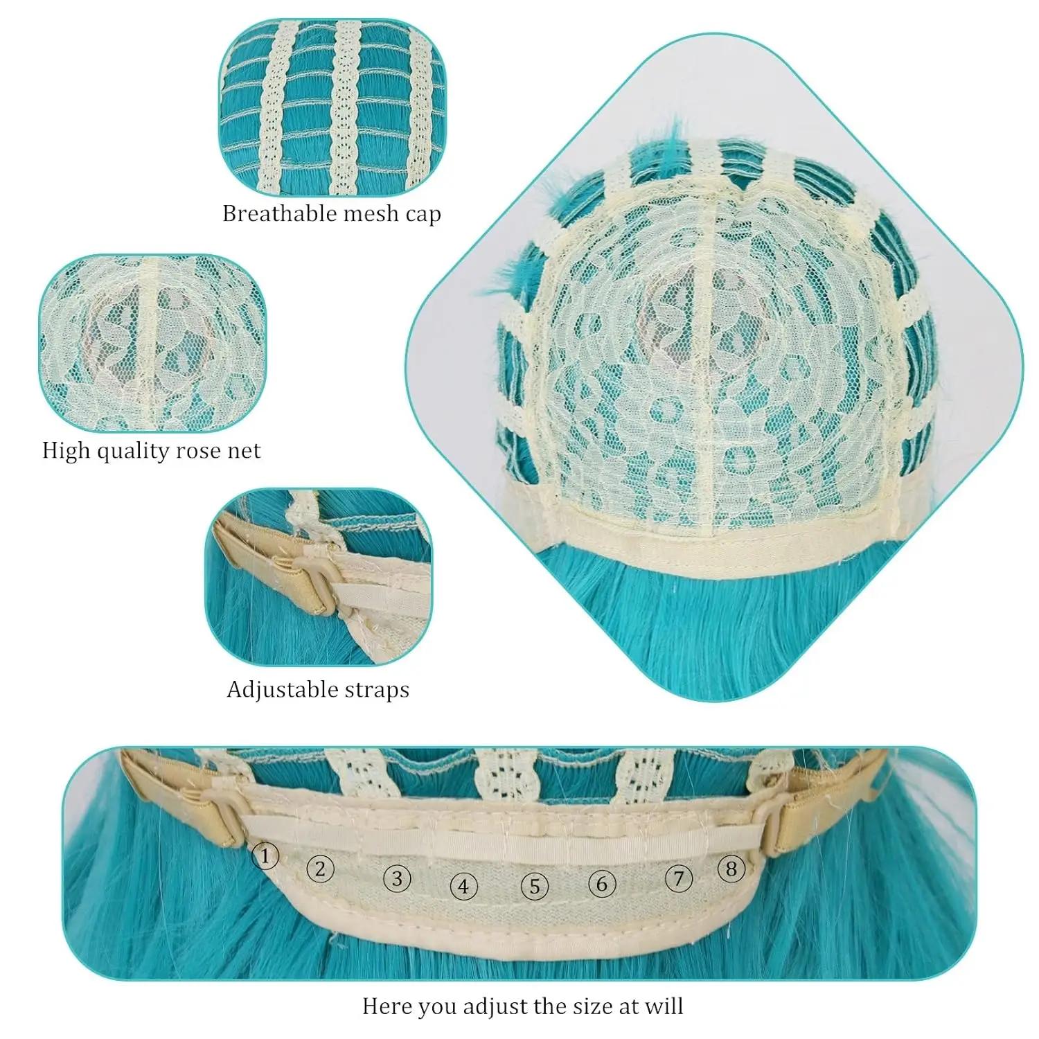 Perruques synthétiques vertes + bonnet de cheveux, perruque longue vert avec 2 queues de cheval pour