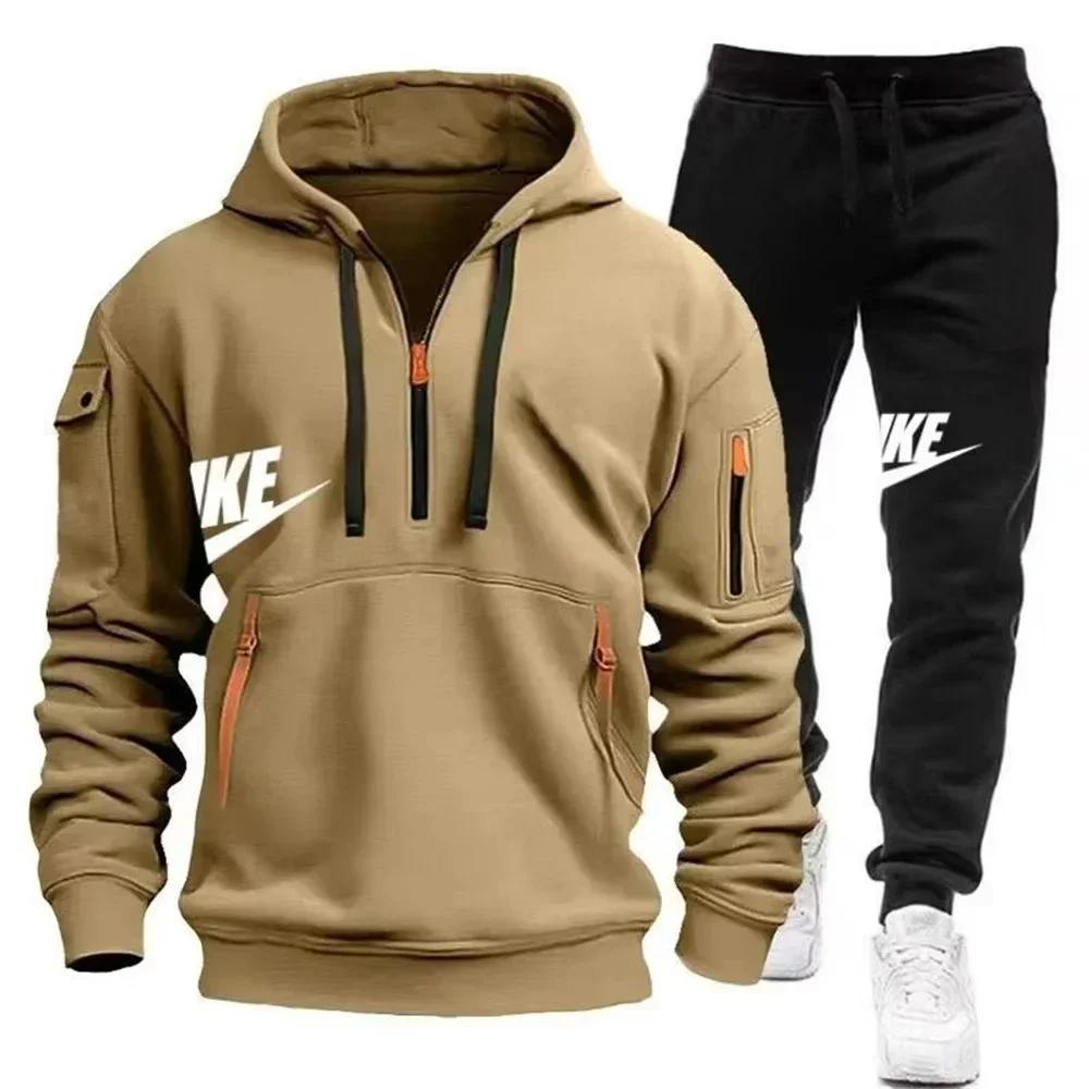 Nouveau costume d'automne et d'hiver pour hommes, sweat à capuche avec fermeture éclair + pantalon,