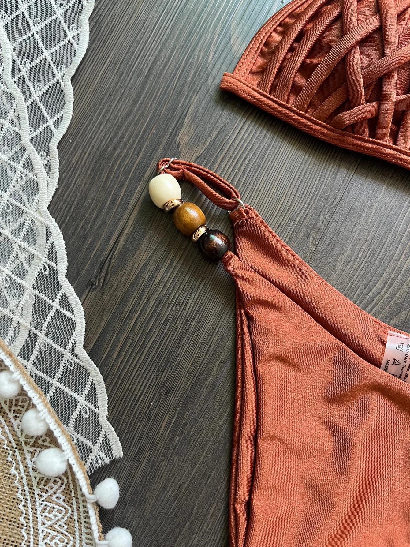 Sexy marron Bikini ensemble 2026 femmes perles sangle trou sur Push Up soutien-gorge string maillot