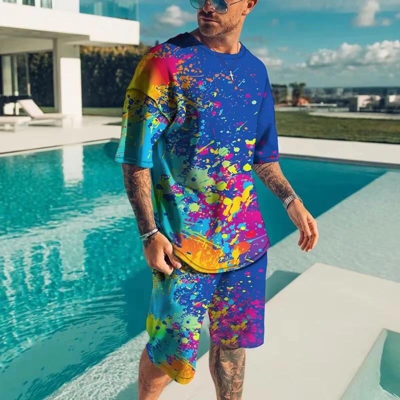 Vêtements de sport pour hommes à la mode été plage à manches courtes chemise imprimée en 3D ensemble