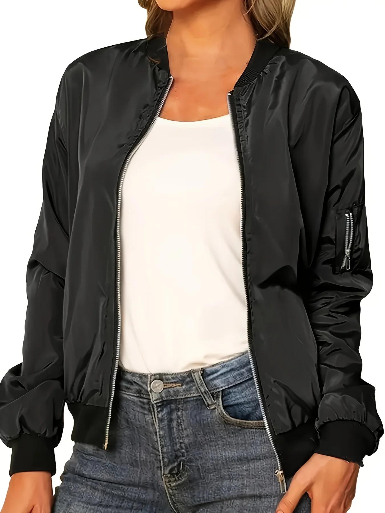 Veste bomber décontractée pour femme à manches longues avec fermeture éclair, coupe-vent léger avec