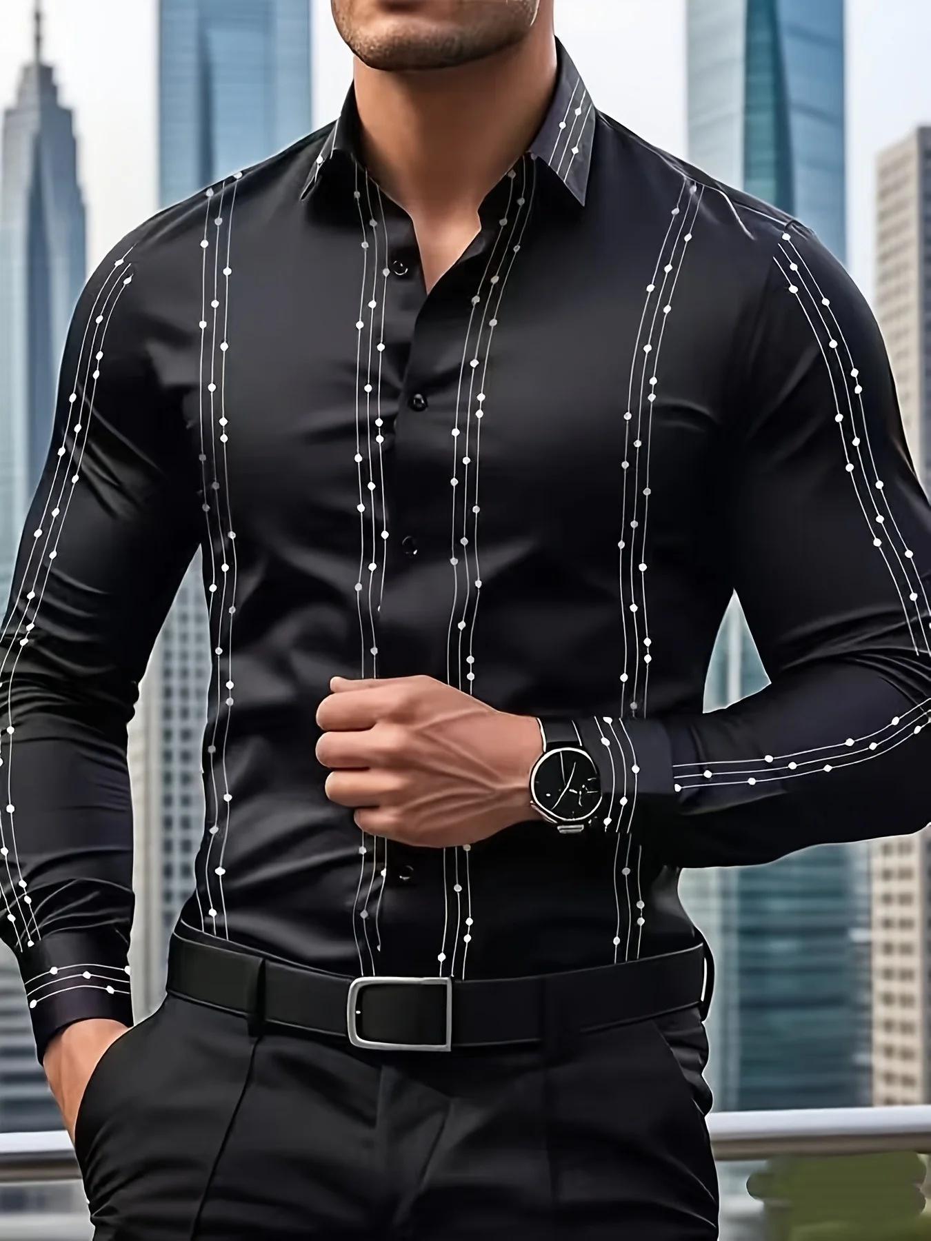 Chemise élégante à manches longues pour hommes à imprimé géométrique, chemise boutonnée décontractée