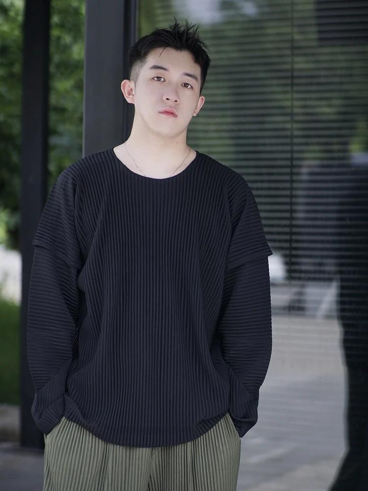Miyake t-shirt plissé pour hommes col rond t-shirts pour hommes couleur unie couture manches haut à